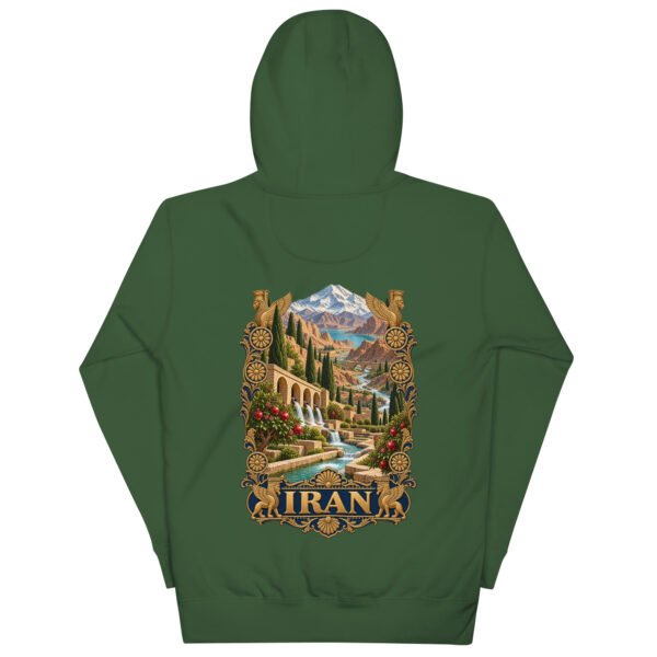 Persian Garden Iran unisex hoodie with ancient Persian columns before snowy mountains design