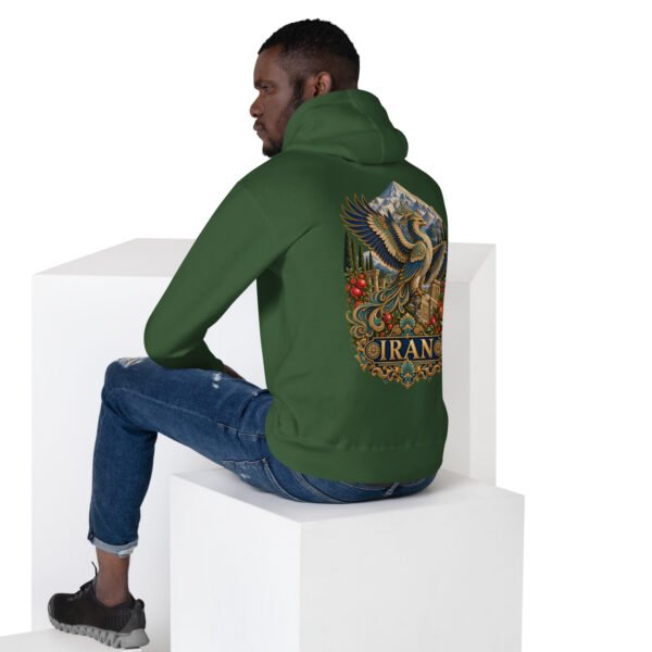 Simurgh Iran unisex hoodie with mountain valley with a stream, cypress trees and pomegranates design