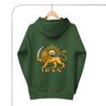 Forest Green Lion and Sun Damavand unisex hoodie, back view with Lion and Sun emblem and IRAN design
