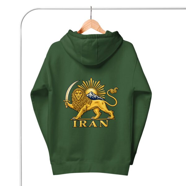 Forest Green Lion and Sun Damavand unisex hoodie, back view with Lion and Sun emblem and IRAN design