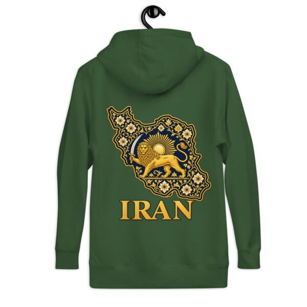 Forest Green Lion and Sun Map of Iran unisex hoodie, back view with map of Iran with Persian tilework and Lion and Sun design