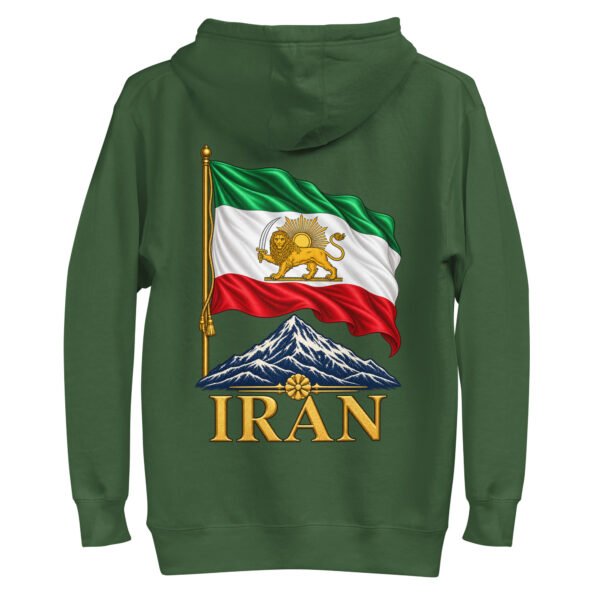 Forest Green Lion and Sun Flag unisex hoodie, back view with waving Lion and Sun flag over Mount Damavand design