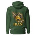 Forest Green Reza Shah Lion and Sun unisex hoodie, back view with map of Iran with Persian tilework and Lion and Sun design