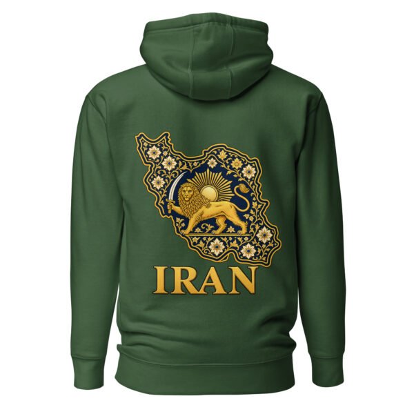 Forest Green Reza Shah Lion and Sun unisex hoodie, back view with map of Iran with Persian tilework and Lion and Sun design