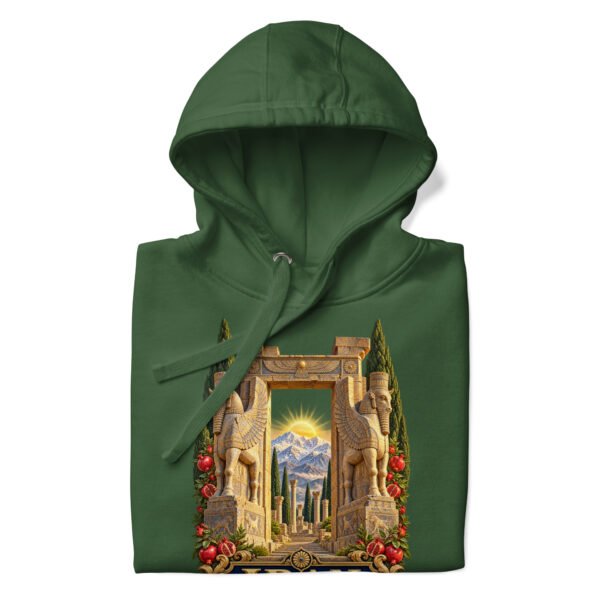 unisex-premium-pullover-hoodie-forest-green-front-6acb94f83b1d7.jpg Gate of All Nations Iran unisex hoodie with Gate of All Nations with winged Lamassu guardians and rising sun design