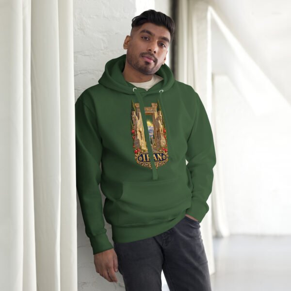 unisex-premium-pullover-hoodie-forest-green-front-6acb94f83bec6.jpg Gate of All Nations Iran unisex hoodie with Gate of All Nations with winged Lamassu guardians and rising sun design