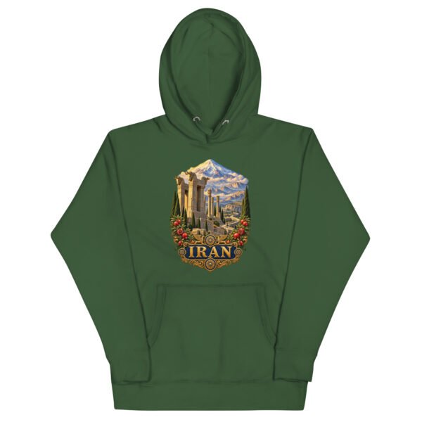 Persian Garden Iran unisex hoodie with ancient Persian columns before snowy mountains design
