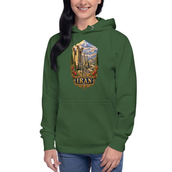Persian Garden Iran unisex hoodie with ancient Persian columns before snowy mountains design