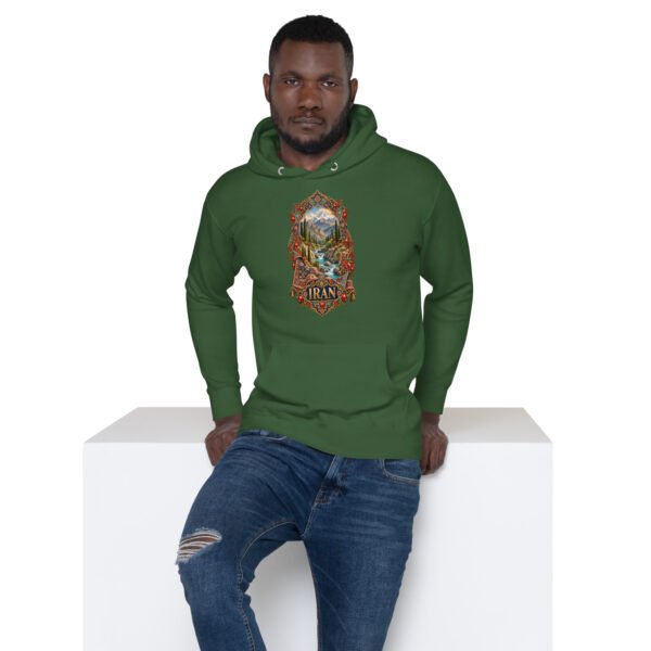 Simurgh Iran unisex hoodie with mountain valley with a stream, cypress trees and pomegranates design