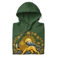 Forest Green Lion and Sun Damavand unisex hoodie, front with golden Lion and Sun with Mount Damavand design