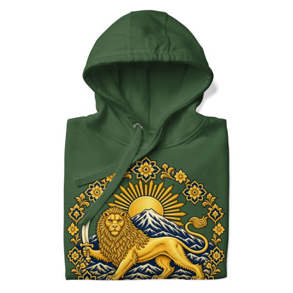 Forest Green Lion and Sun Damavand unisex hoodie, front with golden Lion and Sun with Mount Damavand design