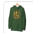 Forest Green Lion and Sun Damavand unisex hoodie, front with golden Lion and Sun with Mount Damavand design