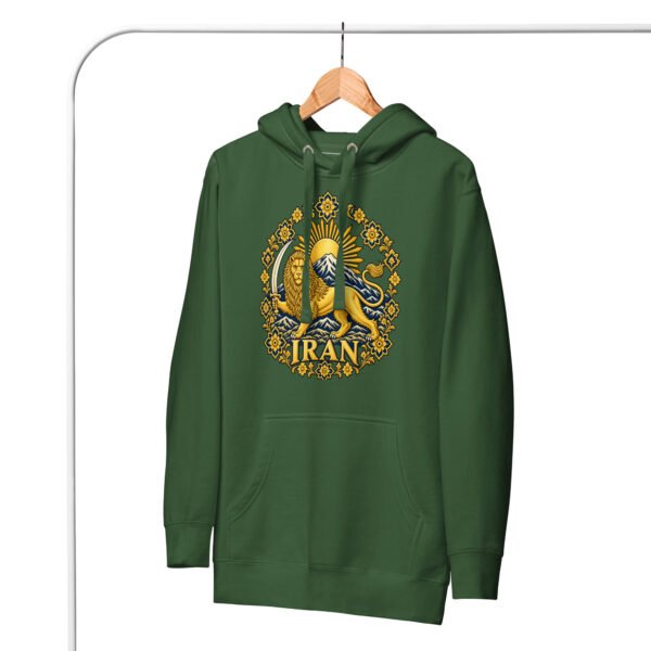 Forest Green Lion and Sun Damavand unisex hoodie, front with golden Lion and Sun with Mount Damavand design