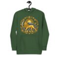 Forest Green Lion and Sun Map of Iran unisex hoodie, front with Lion and Sun medallion design
