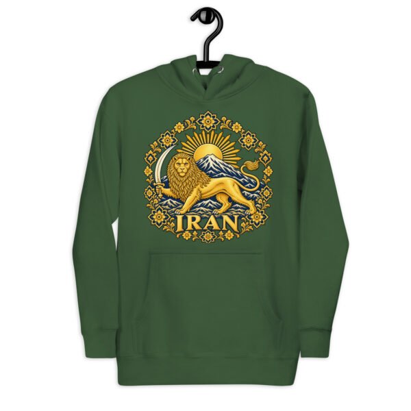 Forest Green Lion and Sun Map of Iran unisex hoodie, front with Lion and Sun medallion design