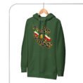 Forest Green Iran Lion and Sun Flag unisex hoodie, front with map of Iran with tricolor ribbon and Lion and Sun design