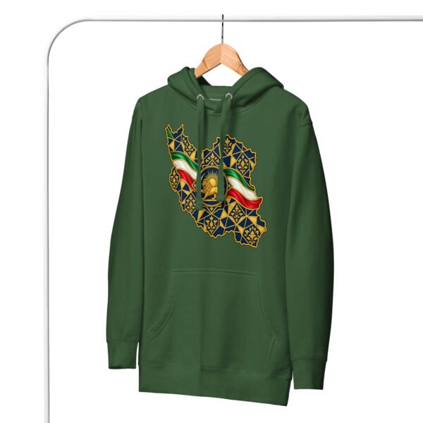 unisex-premium-pullover-hoodie-forest-green-front-6acba6c36ac84.jpg Forest Green Iran Lion and Sun Flag unisex hoodie, front with map of Iran with tricolor ribbon and Lion and Sun design