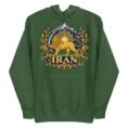 Forest Green Lion and Sun Flag unisex hoodie, front with golden Lion and Sun crest with Damavand design