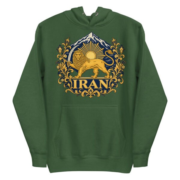 Forest Green Lion and Sun Flag unisex hoodie, front with golden Lion and Sun crest with Damavand design