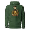 Forest Green Reza Shah Lion and Sun unisex hoodie, front with Reza Shah portrait with Lion and Sun crest design