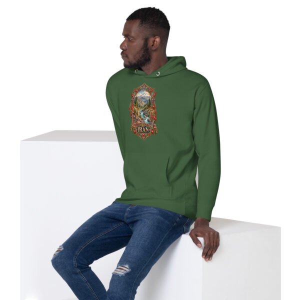 Simurgh Iran unisex hoodie with mountain valley with a stream, cypress trees and pomegranates design