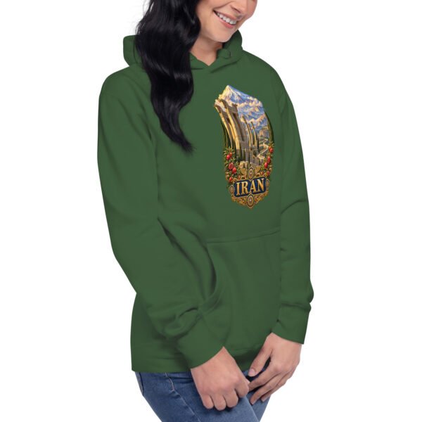 Persian Garden Iran unisex hoodie with ancient Persian columns before snowy mountains design