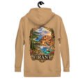 Khaki Iranian Cheetah unisex hoodie, back view with Iran’s landscapes from Mount Damavand to the Persian Gulf design
