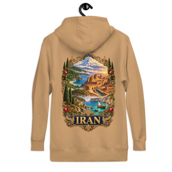 Khaki Iranian Cheetah unisex hoodie, back view with Iran’s landscapes from Mount Damavand to the Persian Gulf design