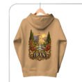 Khaki Tomb of Cyrus Iran unisex hoodie, back view with Tomb of Cyrus the Great at Pasargadae at sunset design