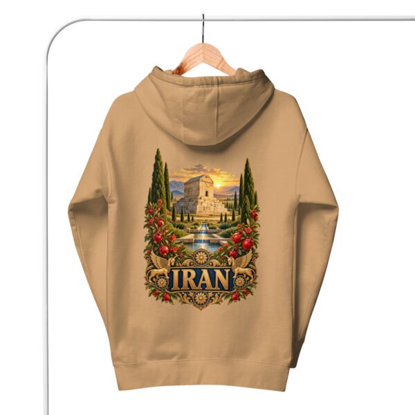 Khaki Tomb of Cyrus Iran unisex hoodie, back view with Tomb of Cyrus the Great at Pasargadae at sunset design