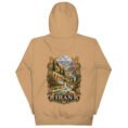 Khaki Persian Garden Iran unisex hoodie, back view with Persian garden with flowing water channels and arches design