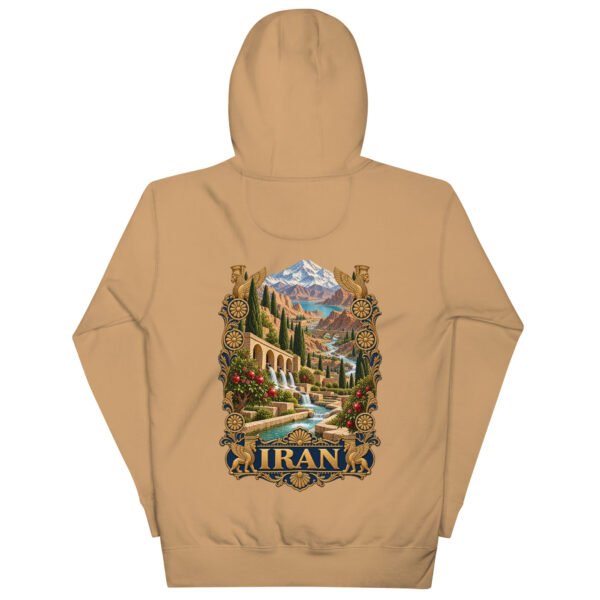 Khaki Persian Garden Iran unisex hoodie, back view with Persian garden with flowing water channels and arches design