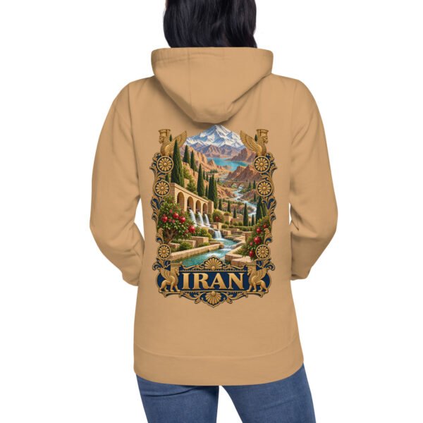 Khaki Persian Garden Iran unisex hoodie, back view with Persian garden with flowing water channels and arches design