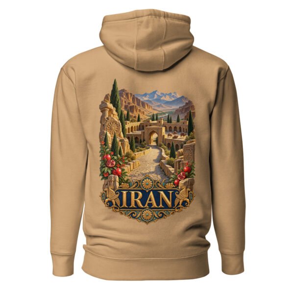 Khaki Silk Road Iran unisex hoodie, back view with Persian caravanserai and camel caravan on the Silk Road design