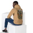 Khaki Simurgh Iran unisex hoodie, back view with Simurgh, the mythical bird of Persia, above snowy mountains design