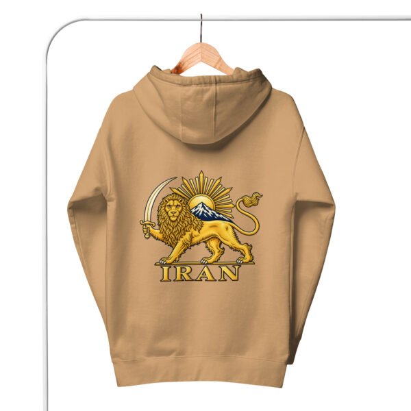 Khaki Lion and Sun Damavand unisex hoodie, back view with Lion and Sun emblem and IRAN design