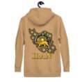 Khaki Lion and Sun Map of Iran unisex hoodie, back view with map of Iran with Persian tilework and Lion and Sun design