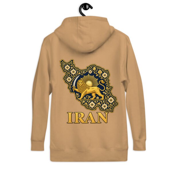 Khaki Lion and Sun Map of Iran unisex hoodie, back view with map of Iran with Persian tilework and Lion and Sun design