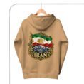 Khaki Iran Lion and Sun Flag unisex hoodie, back view with Lion and Sun flag over Mount Damavand design