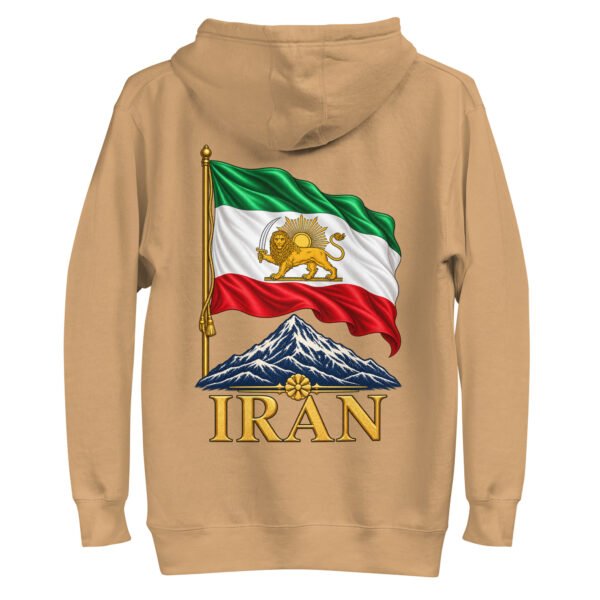 Khaki Lion and Sun Flag unisex hoodie, back view with waving Lion and Sun flag over Mount Damavand design