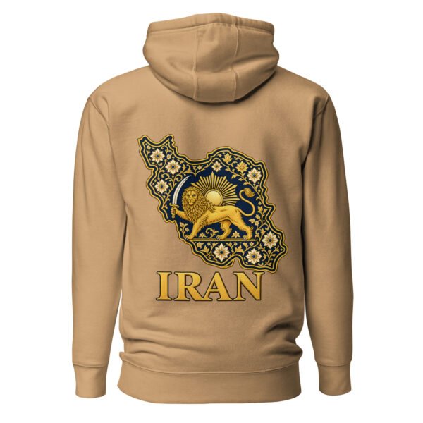Khaki Reza Shah Lion and Sun unisex hoodie, back view with map of Iran with Persian tilework and Lion and Sun design