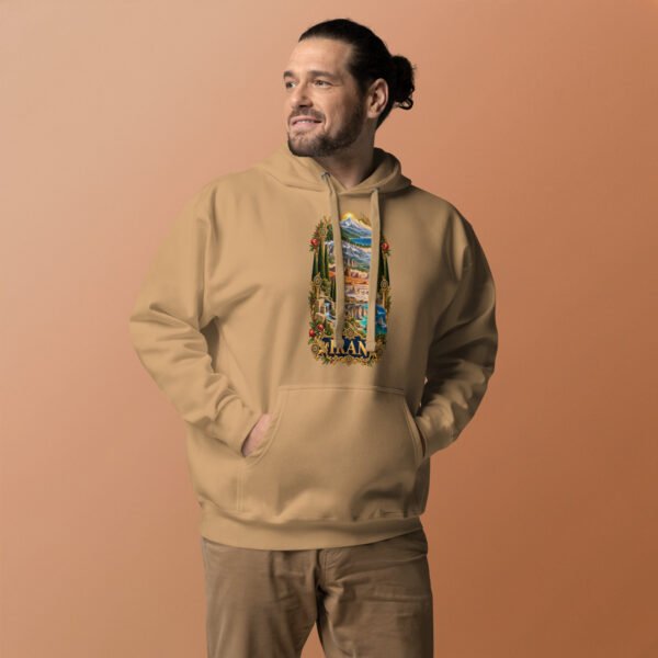 Khaki Tomb of Cyrus Iran unisex hoodie with panorama of Iran’s mountains, lakes, deserts and sea design, front view