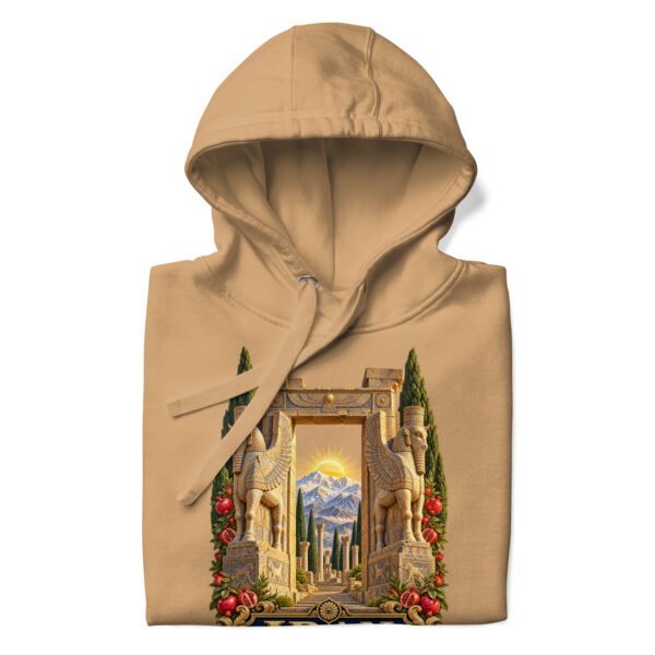 unisex-premium-pullover-hoodie-khaki-front-6acb94f83b21f.jpg Khaki Gate of All Nations Iran unisex hoodie with Gate of All Nations with winged Lamassu guardians and rising sun design, front view