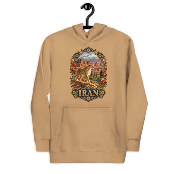 Khaki Iranian Cheetah unisex hoodie with Iranian cheetah in a desert canyon design, front view