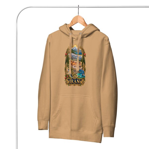 Khaki Tomb of Cyrus Iran unisex hoodie with panorama of Iran’s mountains, lakes, deserts and sea design, front view