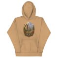 Khaki Persian Garden Iran unisex hoodie with ancient Persian columns before snowy mountains design, front view