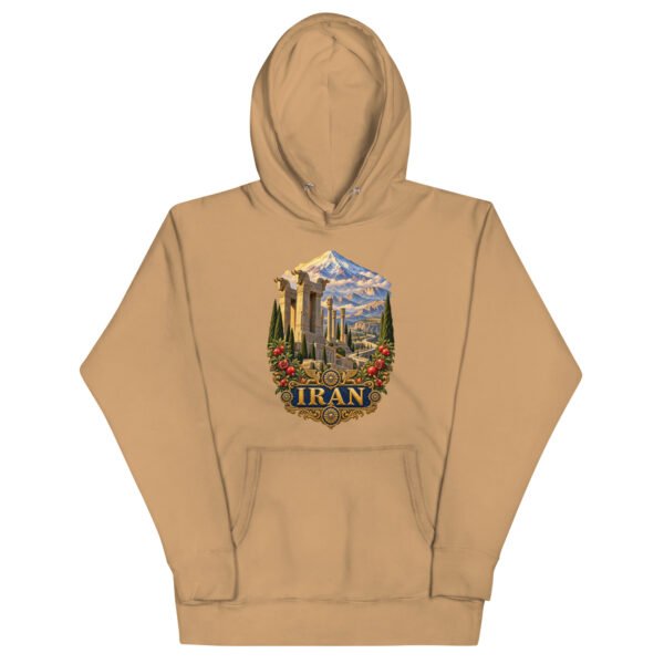 Khaki Persian Garden Iran unisex hoodie with ancient Persian columns before snowy mountains design, front view