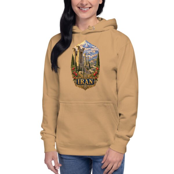 Khaki Persian Garden Iran unisex hoodie with ancient Persian columns before snowy mountains design, front view