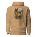 Khaki Silk Road Iran unisex hoodie with Iranian horse in the mountains design, front view