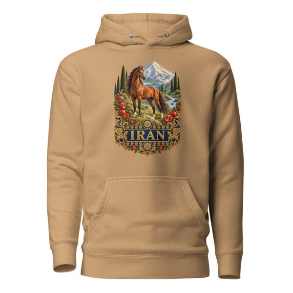 Khaki Silk Road Iran unisex hoodie with Iranian horse in the mountains design, front view